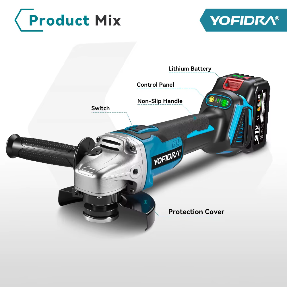 YOFIDRA 125mm meuleuse d'angle sans brosse 4 vitesses rectifieuse sans fil coupe outil électrique pour le travail du bois pour Makita 21V batterie broche