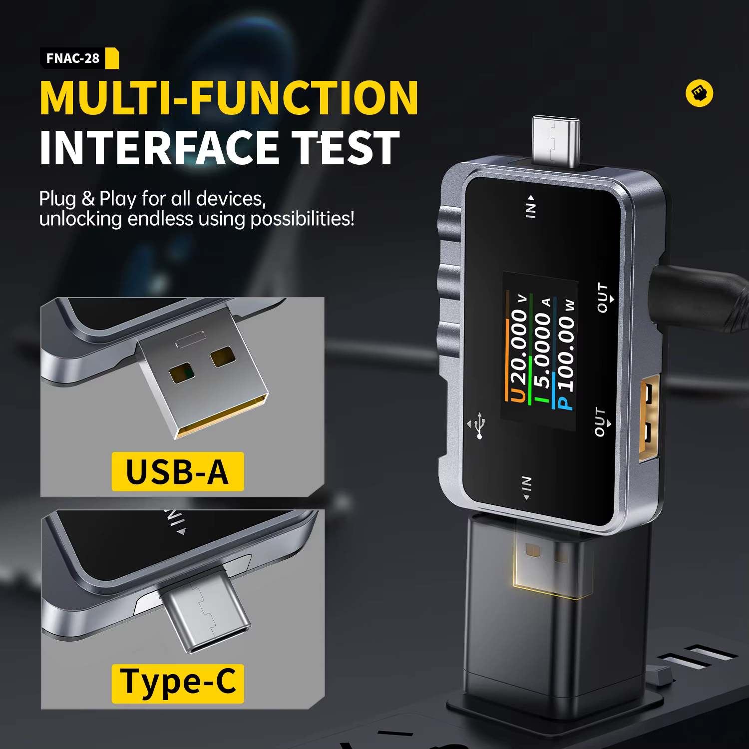 FNIRSI FNAC-28 testeur USB type-c 2-en-1 voltmètre numérique ampèremètre