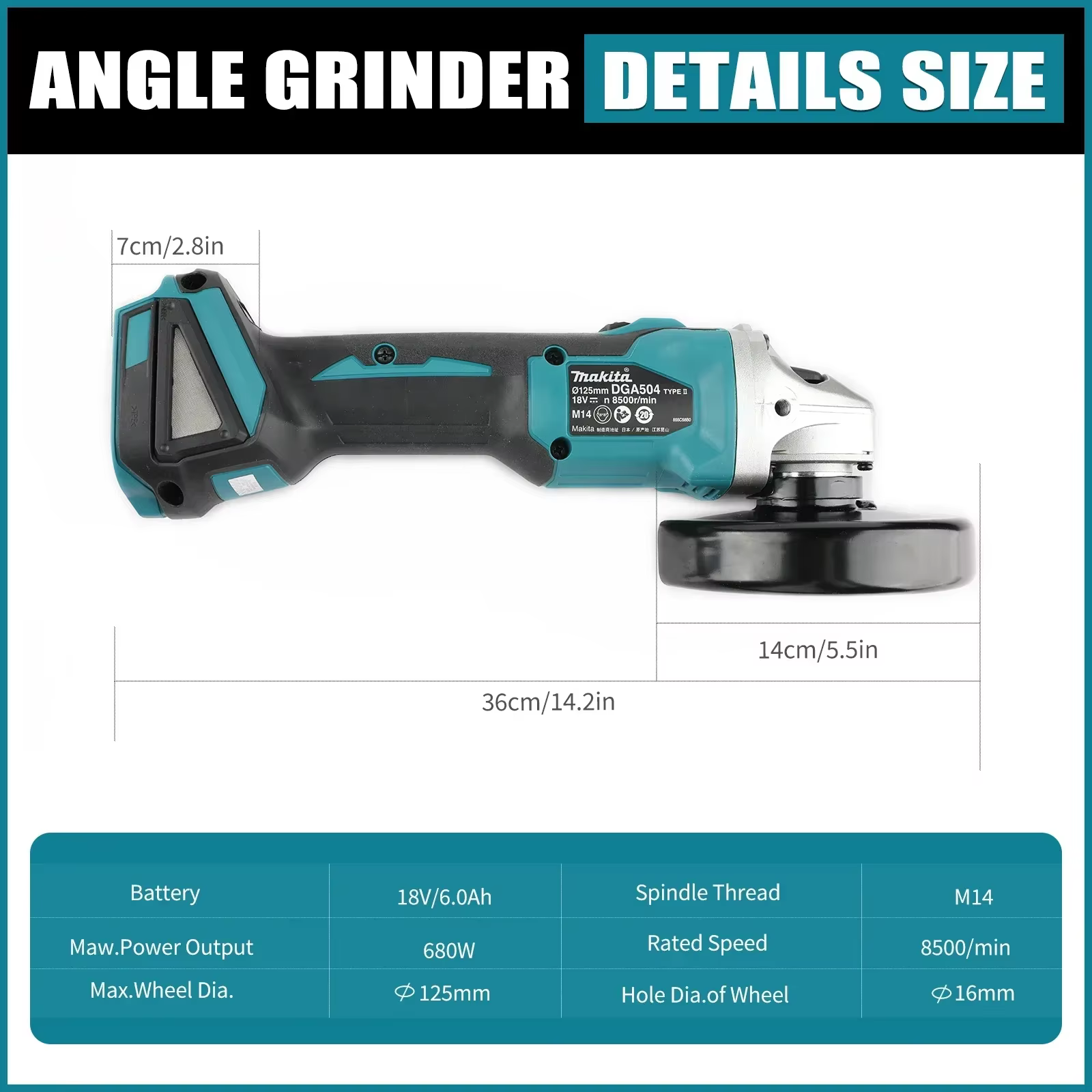 Batterie au lithium sans balais Makita DGA504 18V 6.0Ah 125mm avec plusieurs meuleuses électriques