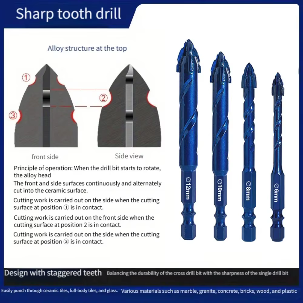 Nouvelle foret excentrique à quatre lames dentelées bleues pour carrelage complet en céramique