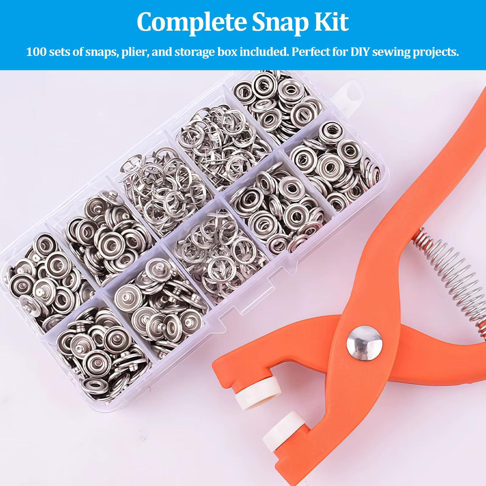 Kit de boutons-pression, ensemble de boutons-pression métalliques avec pince de fixation, outil de pressage et boîte, boutons-pression anti-rouille pour bricolage, outil de fixation de boutons