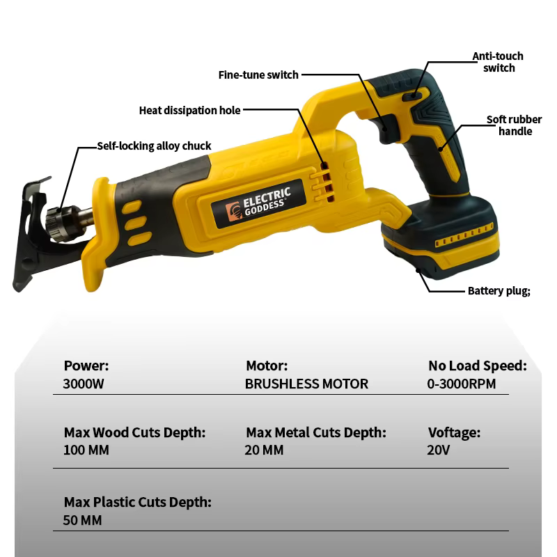 Scie alternative électrique de déesse 3000W pour la broche de batterie Dewalt 20V Outil