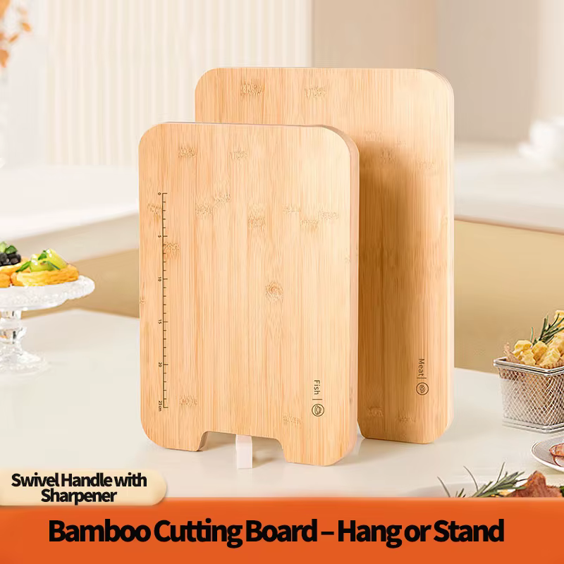 Planche à découper en bambou avec aiguiseur et échelle, double face, autoportante, antibactérienne, antidérapante, facile à nettoyer, plateau de cuisine