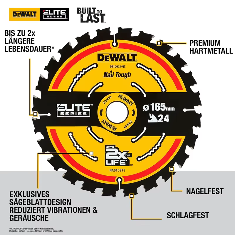 DEWALT DT10624 Lame de scie pour le travail du bois 165 mm x 20 mm 24T