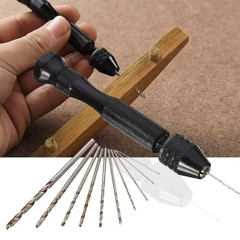 Mini kit d'outils avec perceuse manuelle noire 10 pièces pour le travail du bois