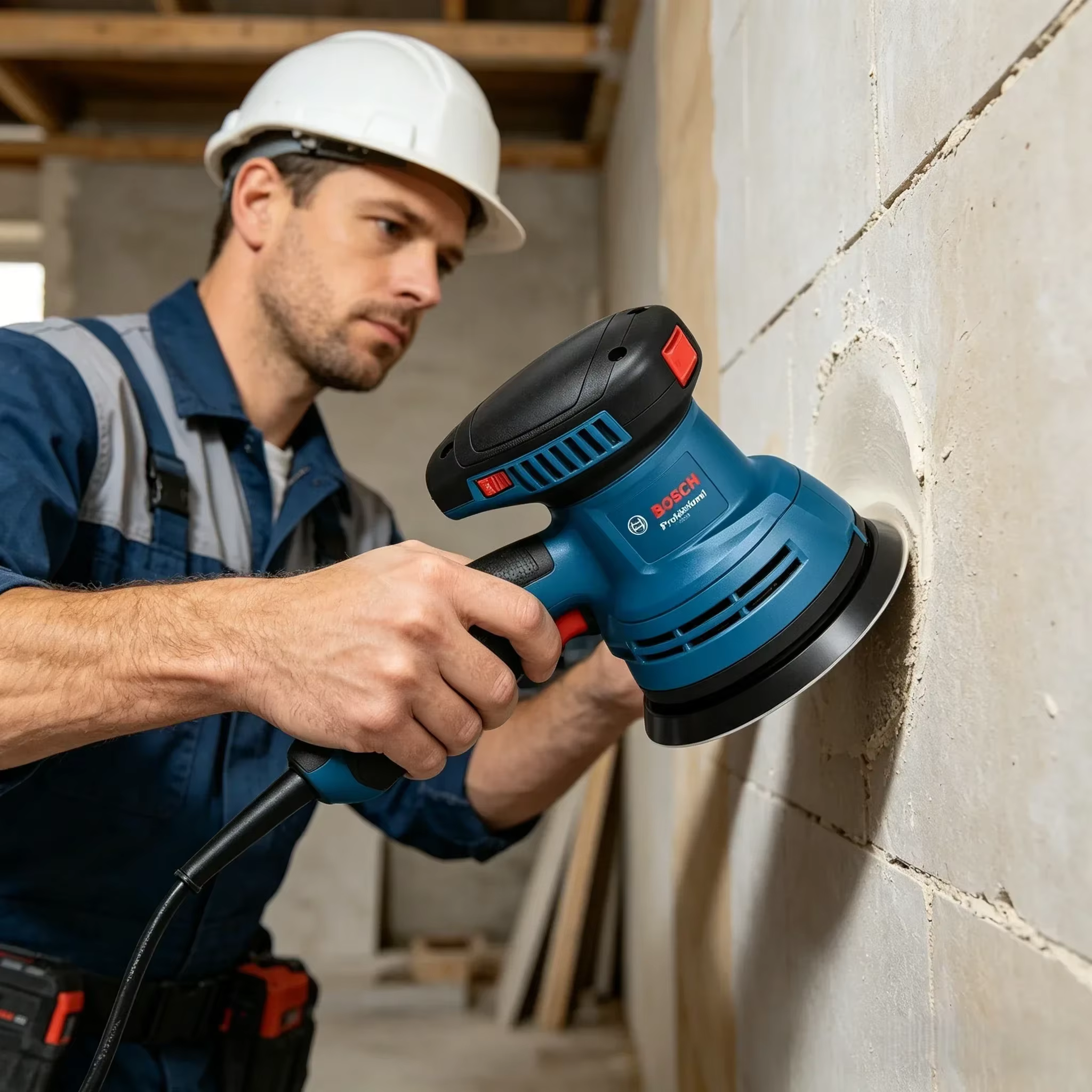 Ponceuse orbitale aléatoire Bosch GEX125 avec système de collecte des poussières intégré pour la rénovation de meubles en bois et le lissage des surfaces de placards