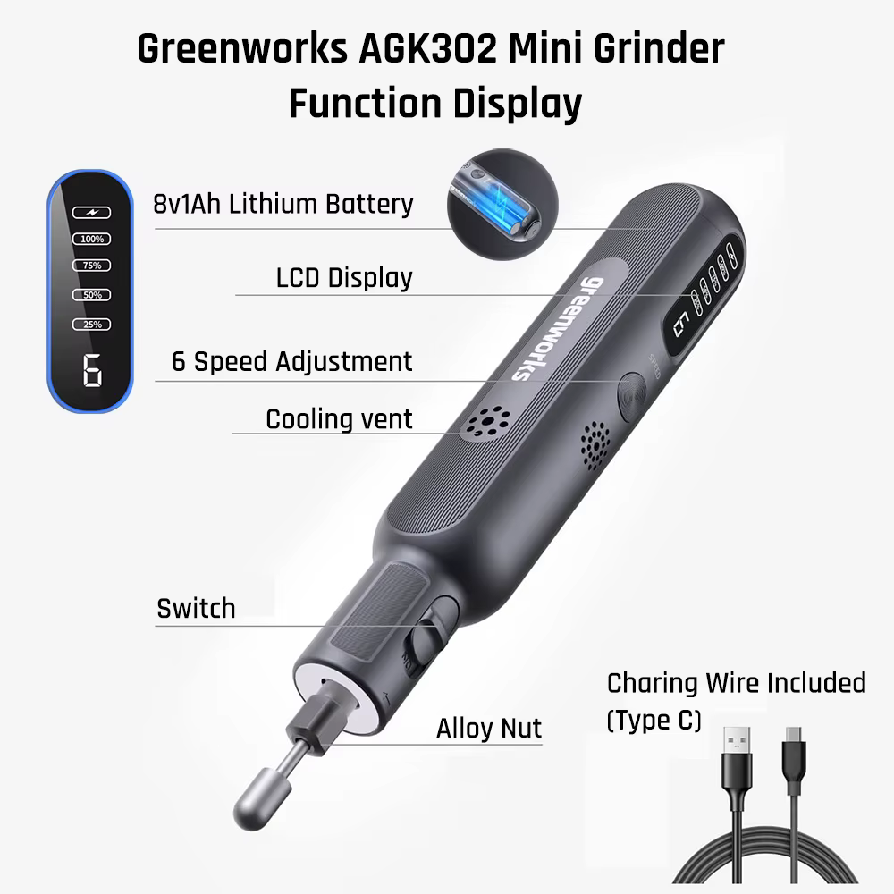 Greenworks 8V Mini meuleuse 52 pièces 80W meulage électrique gravure sans fil vitesse Variable batterie au Lithium outils électriques chargeur USB
