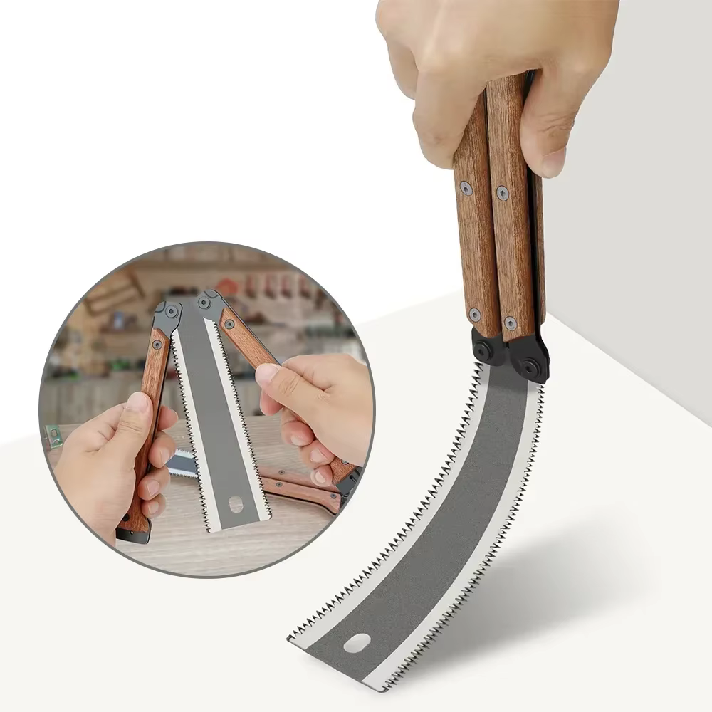 Scie à main pliable double face avec manche en bois pour le travail
