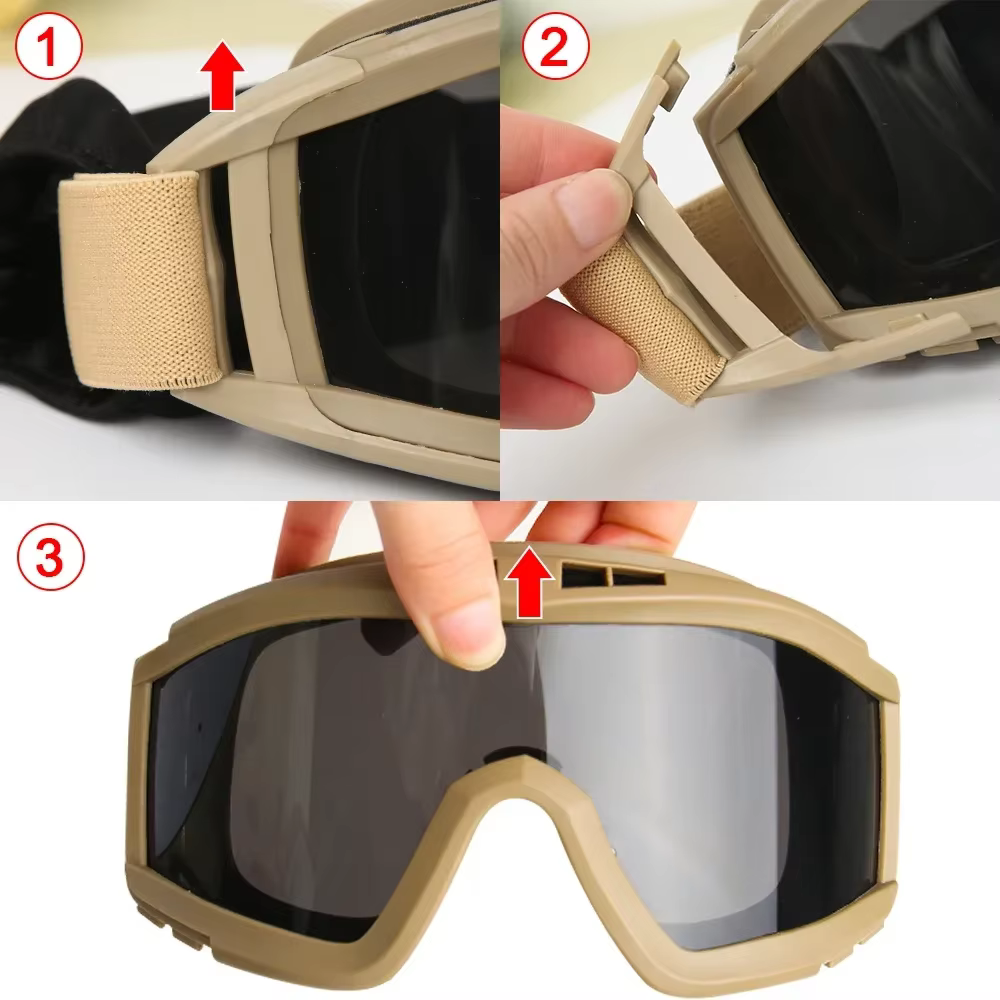 Nouveau Lunettes tactiques Airsoft 3 lentilles coupe-vent anti-poussière tir Motocross moto lunettes d'alpinisme CS Protection sûre