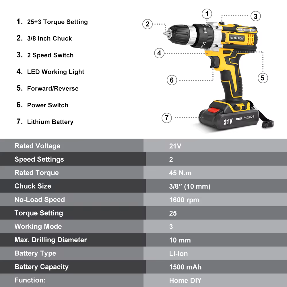 OTOOLSION nouveau perceuse sans fil à percussion 21V tournevis électrique batterie Rechargeable perceuse à main sans fil outils électriques pour bricolage maison