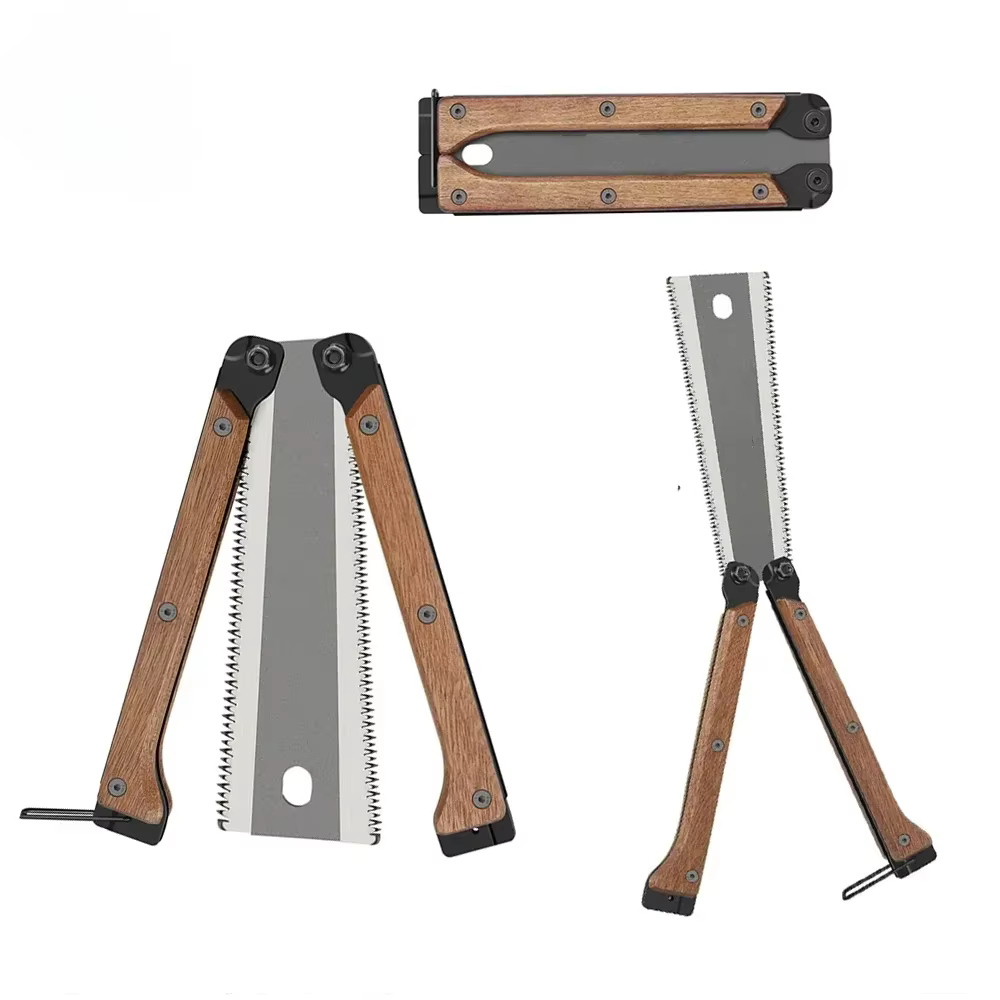 Scie à main pliable à double tranchant avec manche en bois pour le travail