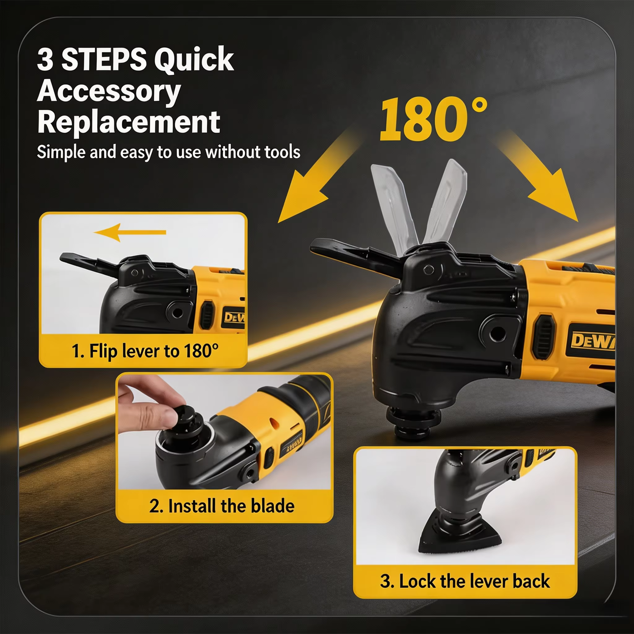 Outil multifonction sans balais DEWALT 21V MAX : Système de changement rapide sans