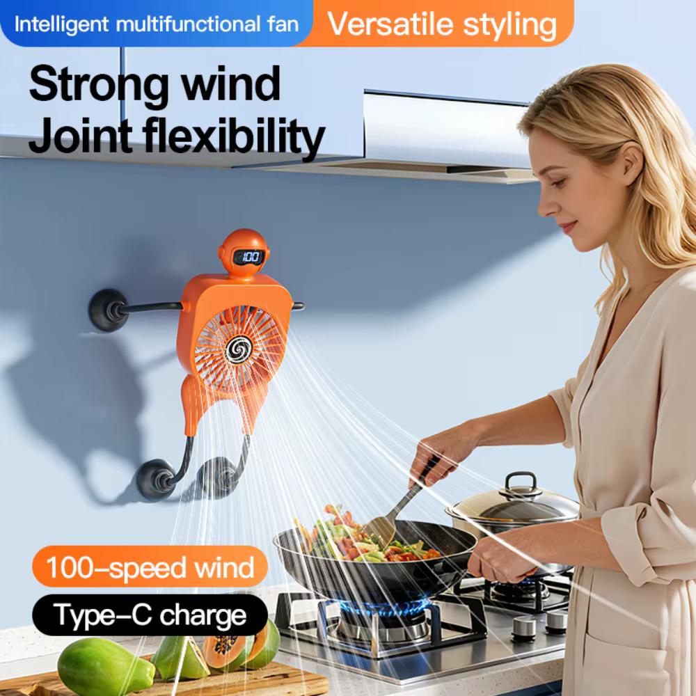 Ventilateur de bureau portable robotisé avec ventouse fixe, réglage 100 vitesses, affichage LED, chargement USB, ventilateur de refroidissement multifonctionnel, cadeaux