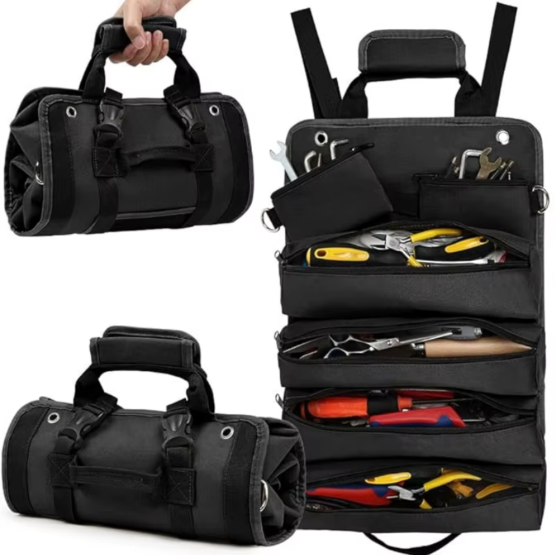 Sac à outils pliable et enroulable avec 2 pochettes zippées détachables