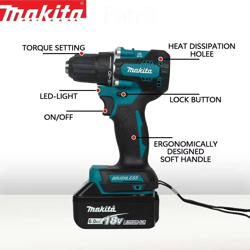 Perceuse sans fil Makita 18V sans balais DDF487 - Perceuse-visseuse électrique compacte avec 20 réglages de couple pour le bois et le métal (outil nu)