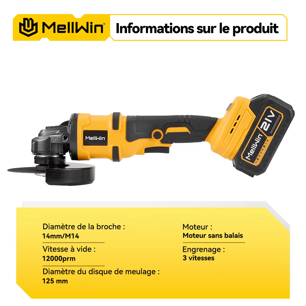 MELLWIN 125MM meuleuse d'angle électrique sans brosse M14 sans fil métal bois meulage polissage outil de coupe pour Makita 18VBattery broche