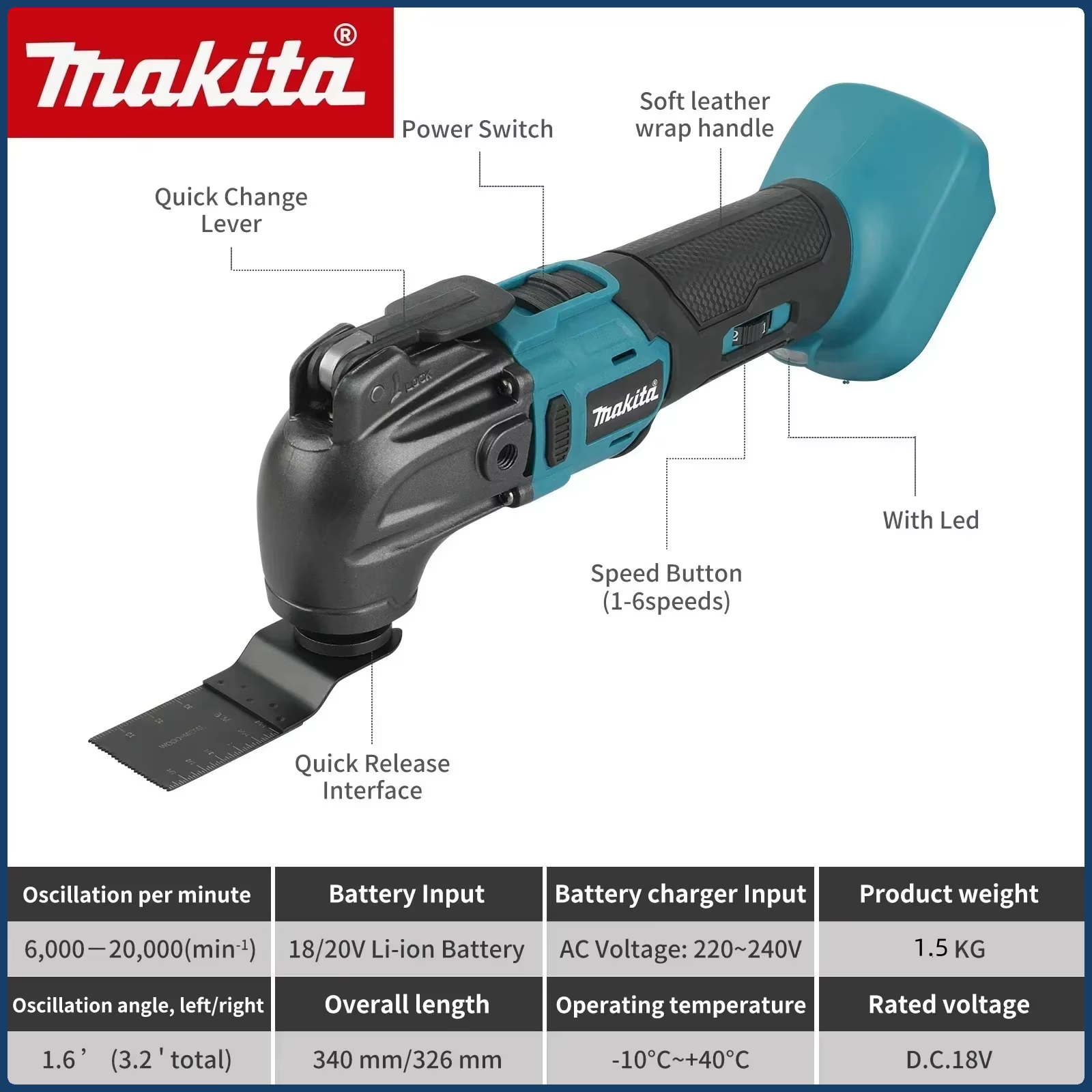 Outil oscillant multifonctionnel électrique Makita 18V à fixation rapide
