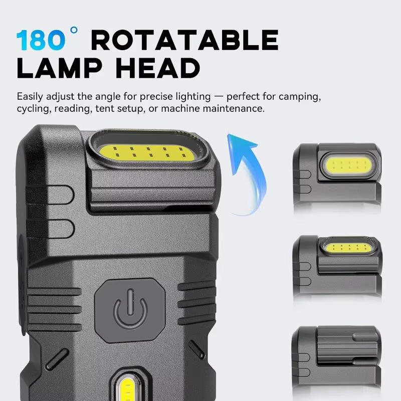 Mini lampe torche multifonctionnelle avec clip, lampe de travail magnétique rotative rechargeable, lumière portable mains libres pour EDC en plein air
