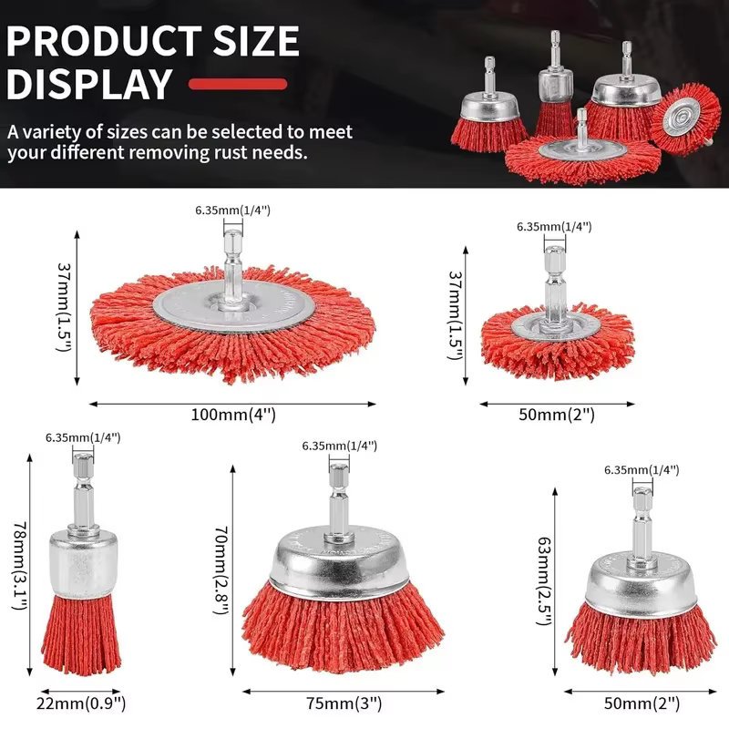 Brosse en nylon abrasive à fil métallique avec tige de 1/4 po pour perceuse