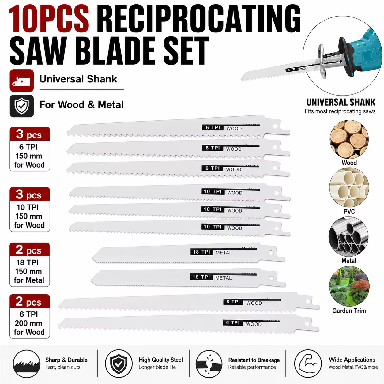 Jeu de 10 lames de scie sabre bimétalliques multi-usages à dents pour la découpe du bois
