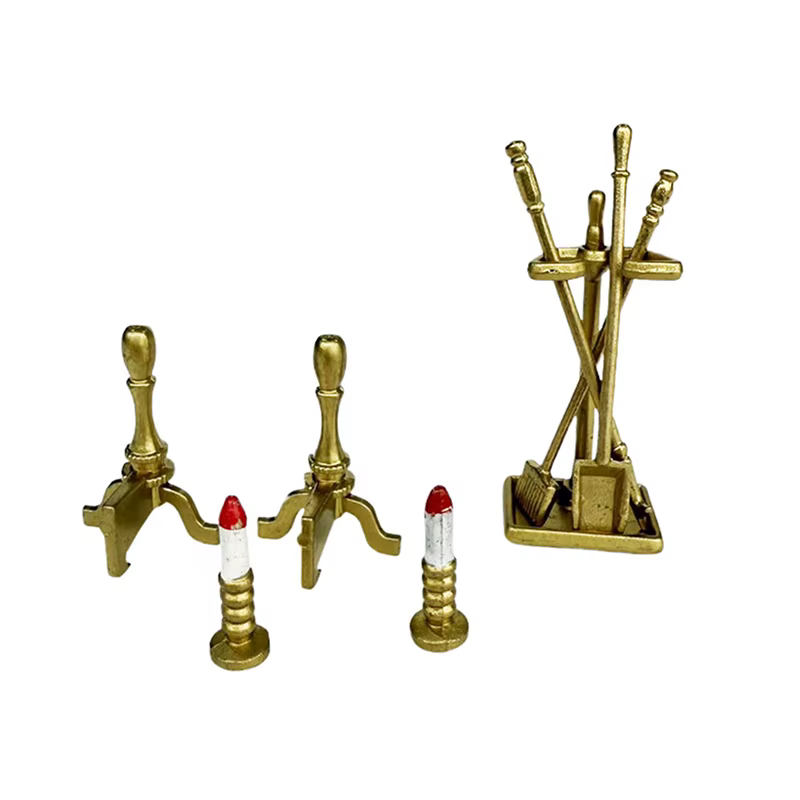 Pelle, bougeoir, support : mini ensemble d'outils de cheminée de 8 pièces pour exposition de maison de poupée