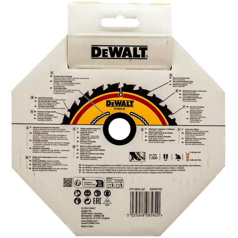 DEWALT DT10624 Lame de scie pour le travail du bois 165 mm x 20 mm 24T