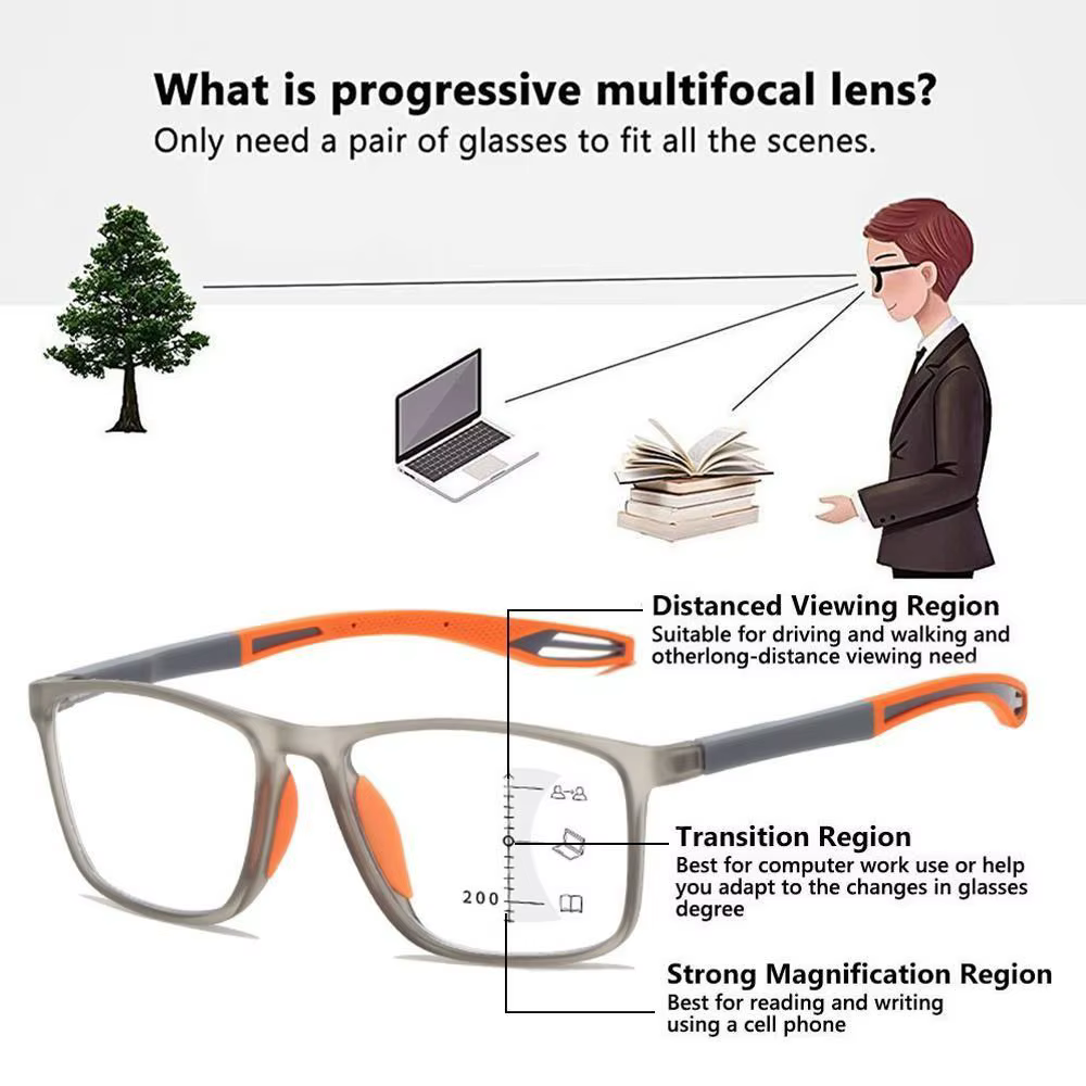 Lunettes de lecture progressives multifocales souples TR90, Anti-lumière bleue, pour hommes et femmes, à grande monture, pour la vue de loin ﻿