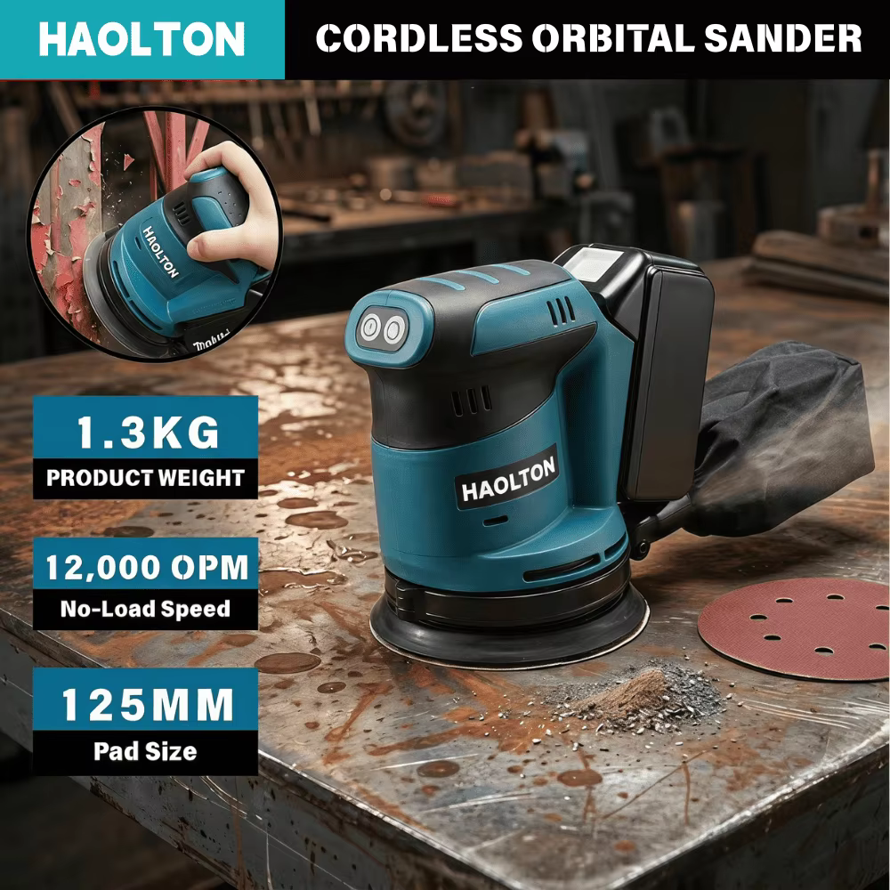 Ponceuse orbitale électrique HAOLTON 125 mm, 3 vitesses réglables, rechargeable, machine de polissage pour batterie Makita 18 V