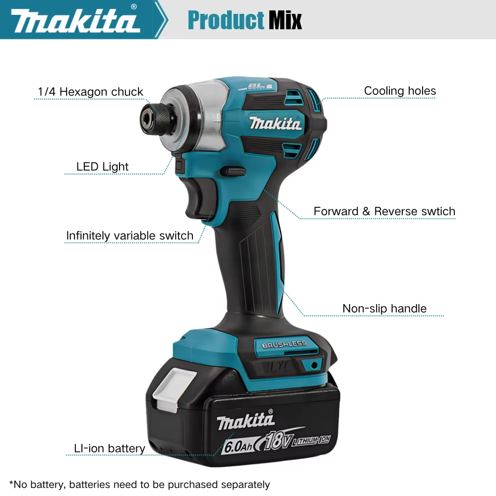 Makita DTD173 18V Visseuse à percussion sans fil 180N.m Perceuse électrique sans balais Tournevis LED Outils électriques multifonctions pour la maison