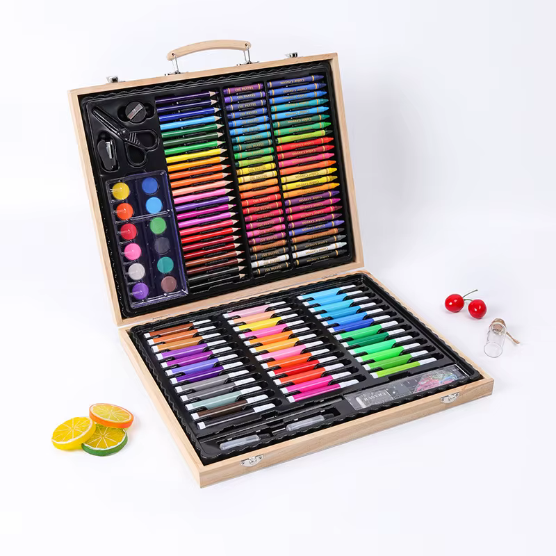 Kit d'outils de dessin pour enfants, ensemble d'art, marqueurs aquarelle, Crayons, ensemble de dessin, bâton de peinture à l'huile, Graffiti, boîte cadeau en bois, 150 pièces/ensemble