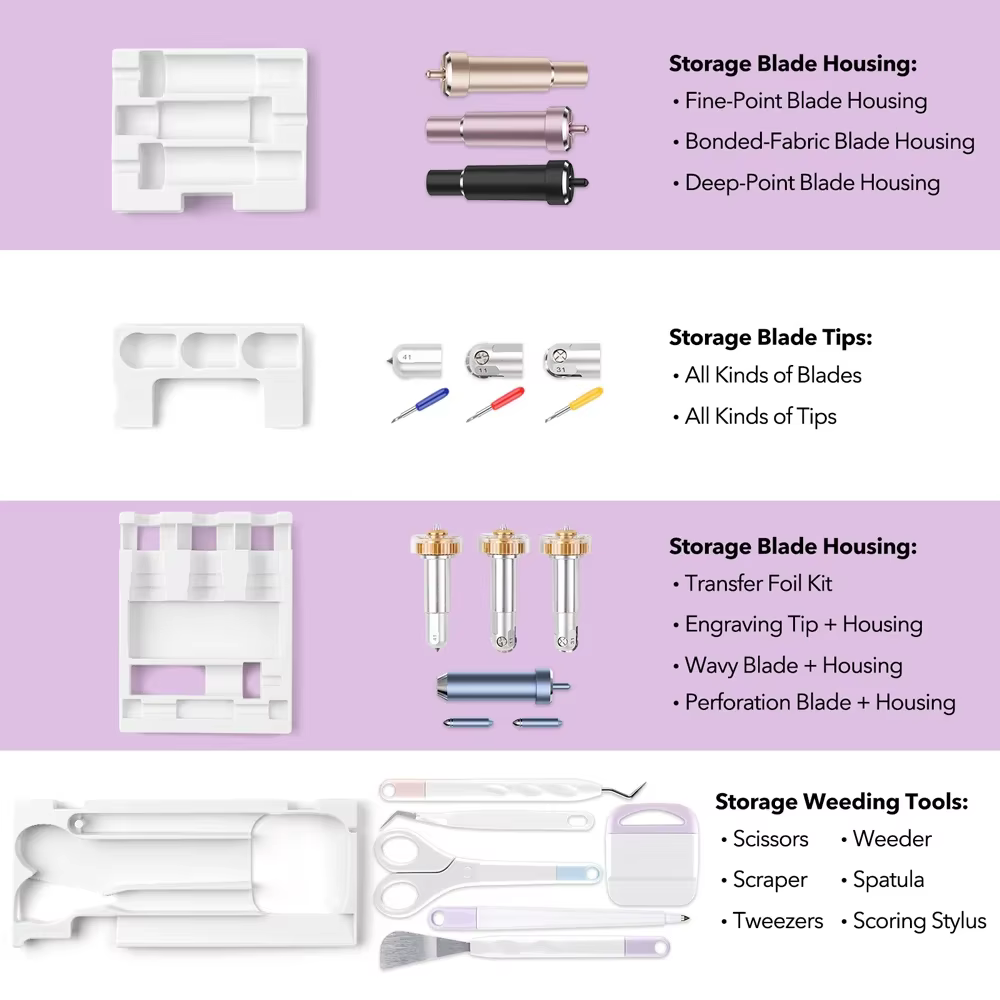 Kit de rangement pour outils 4 pièces/ensemble, insert pour lames, boîtier, pointe / Kit d'outils de désherbage, plateau organisateur compatible avec Cricut Maker 3 et Maker