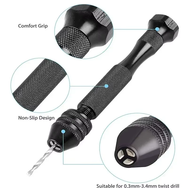 Mini kit d'outils avec perceuse manuelle noire 10 pièces pour le travail du bois