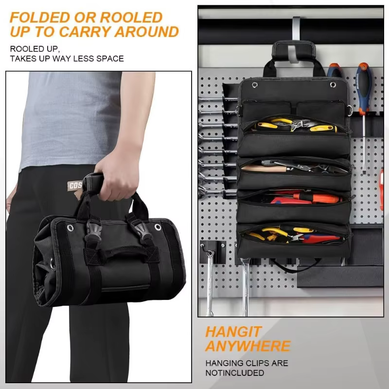 Sac à outils pliable et enroulable avec 2 pochettes zippées détachables