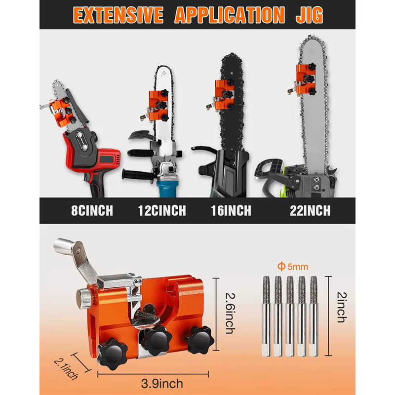 Kit d'affûtage de chaîne de tronçonneuse Portable, gabarit d'affûtage de tronçonneuse en alliage d'aluminium avec 5 tiges d'affûtage pour scies à chaîne et électriques