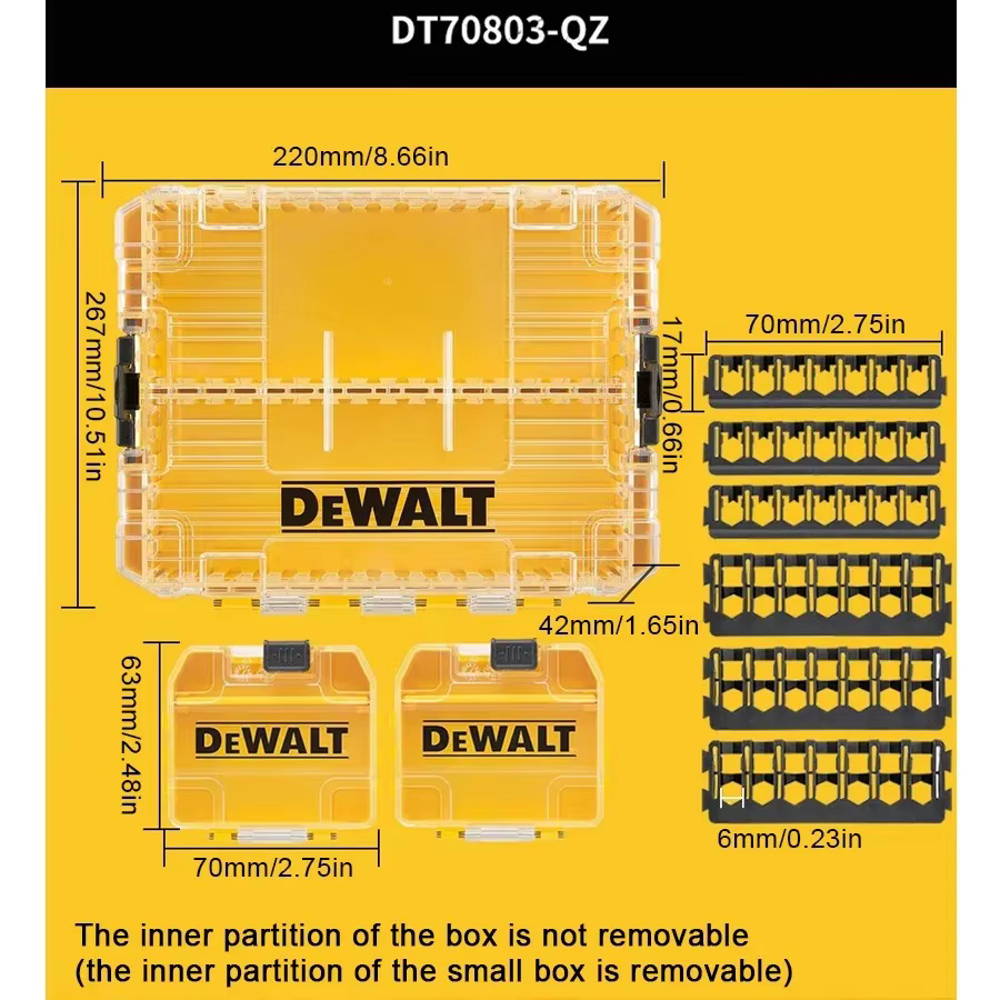 DEWALT DT70803 grande boîte à outils de rangement avec séparateurs amovibles organisateur de petites pièces étui empilable Transparent DT70803-QZ
