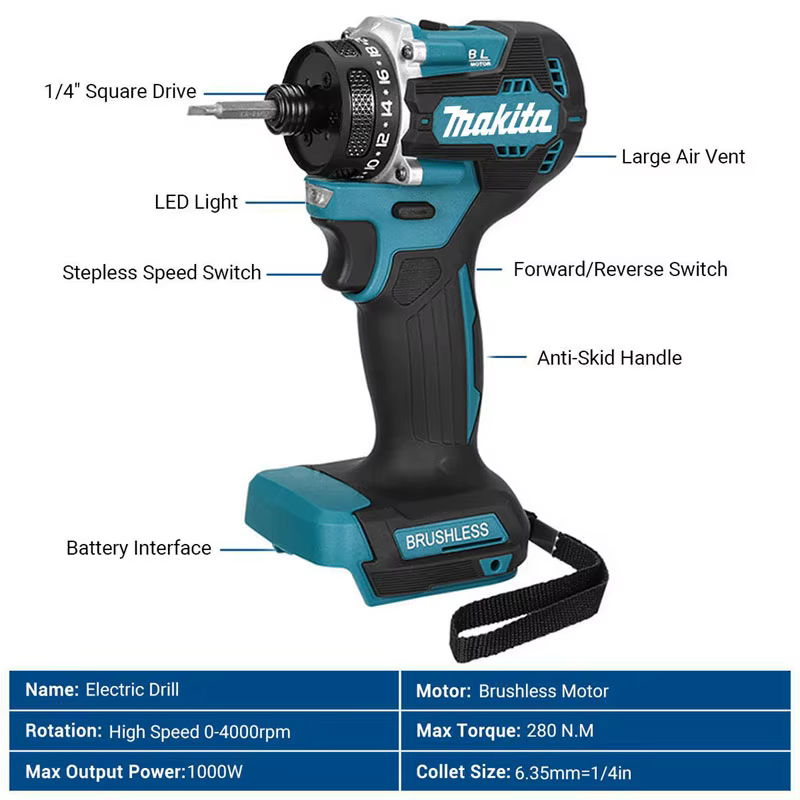 Perceuse électrique sans balais Makita 3800IPM 3600RPM 180NM