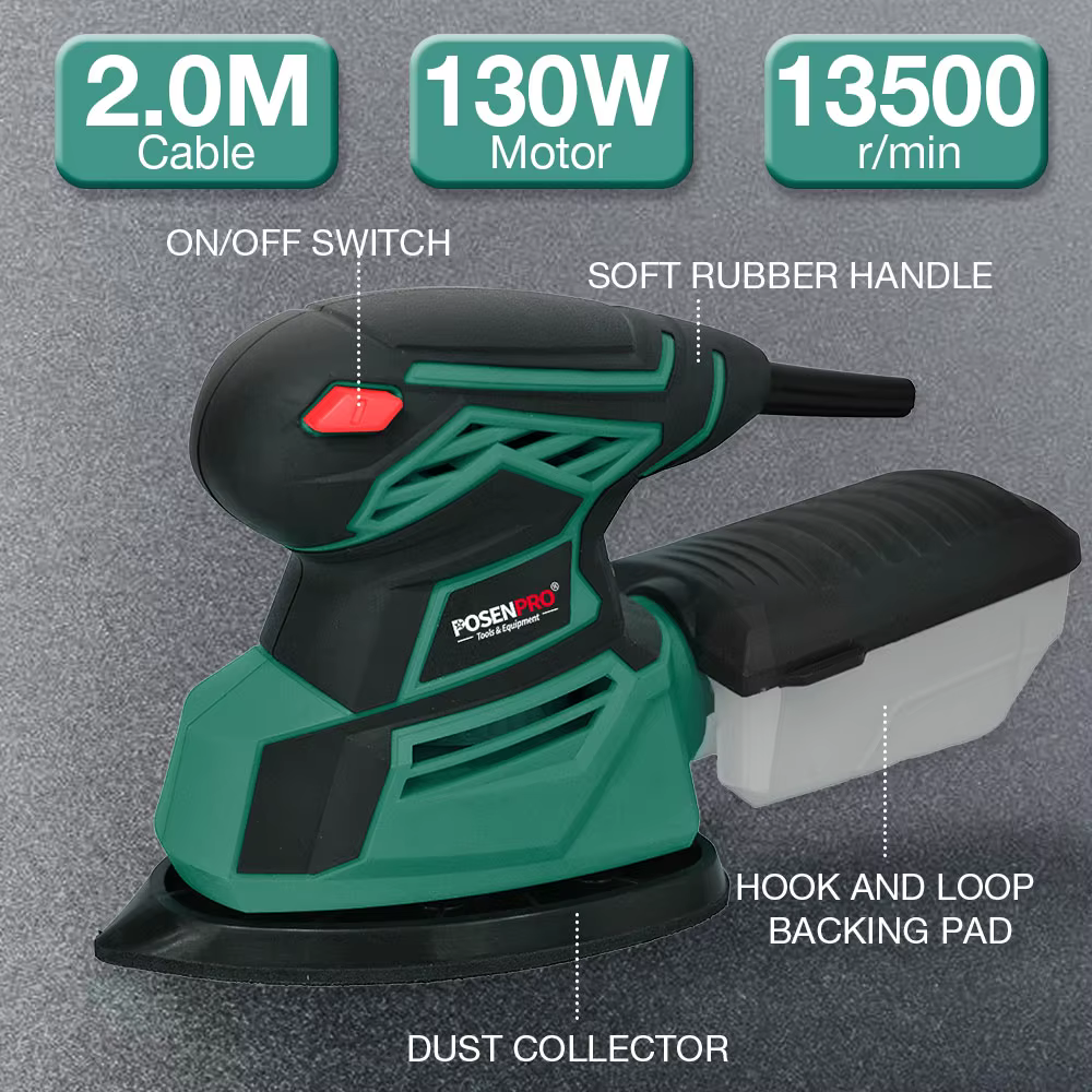 Ponceuse électrique multi-détails 130W avec port d'extraction de poussière et 12 feuilles de papier de ponçage pour la décoration intérieure et le traitement du mobilier