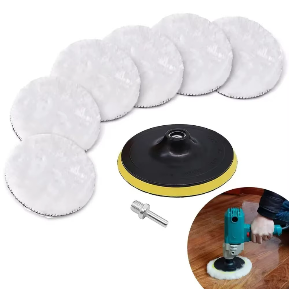 Lot de 8 tampons de polissage professionnels en laine de 125 mm pour perceuse avec adaptateur M10
