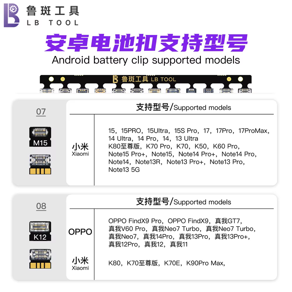 LB TOOL Clip flexible multi-modèles pour test de batterie Android – Outil de maintenance