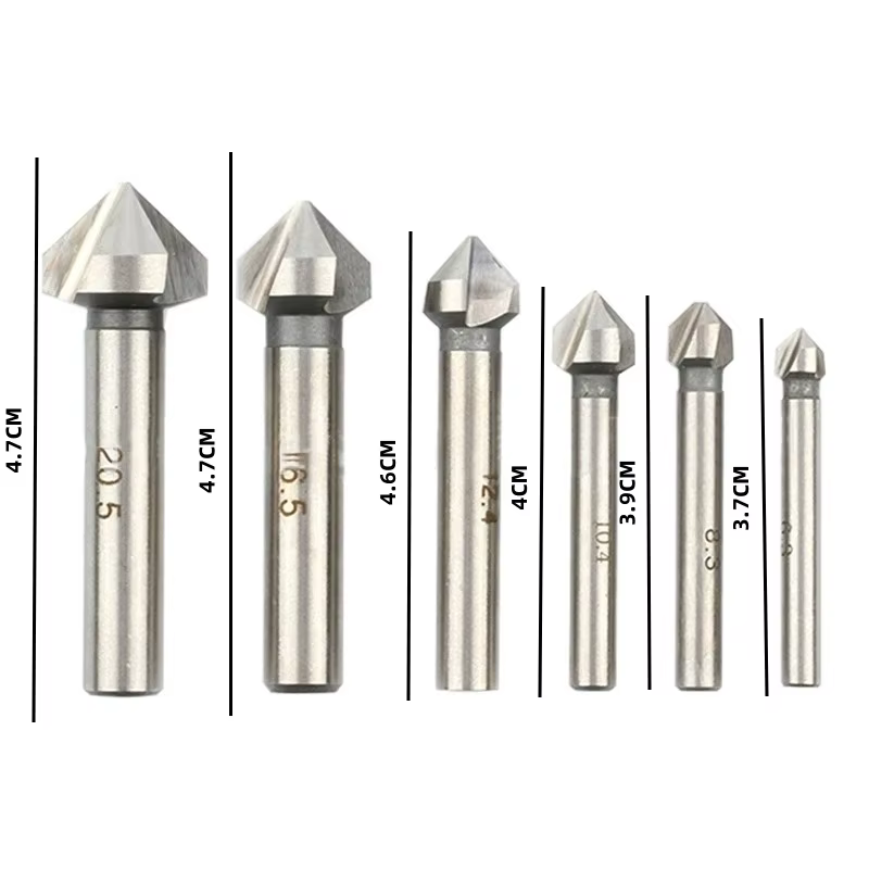 6 pièces/ensemble boîte 6.3-20.5mm chanfreinage fraise 3 cannelures tige ronde 90 degrés HSS fraise ébavurage foret conique