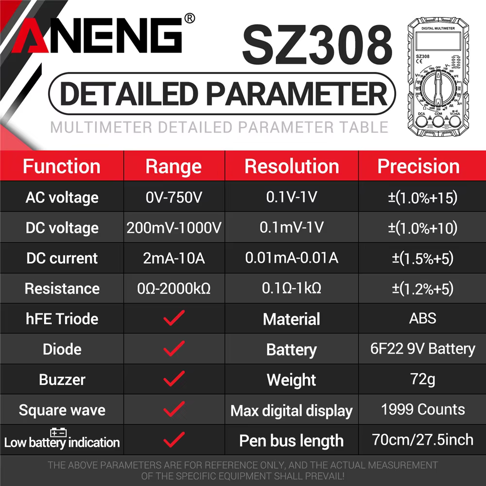 Multimètre numérique ANENG SZ308 1999 points de mesure AC/DC haute précision multifonctionnel pour tension