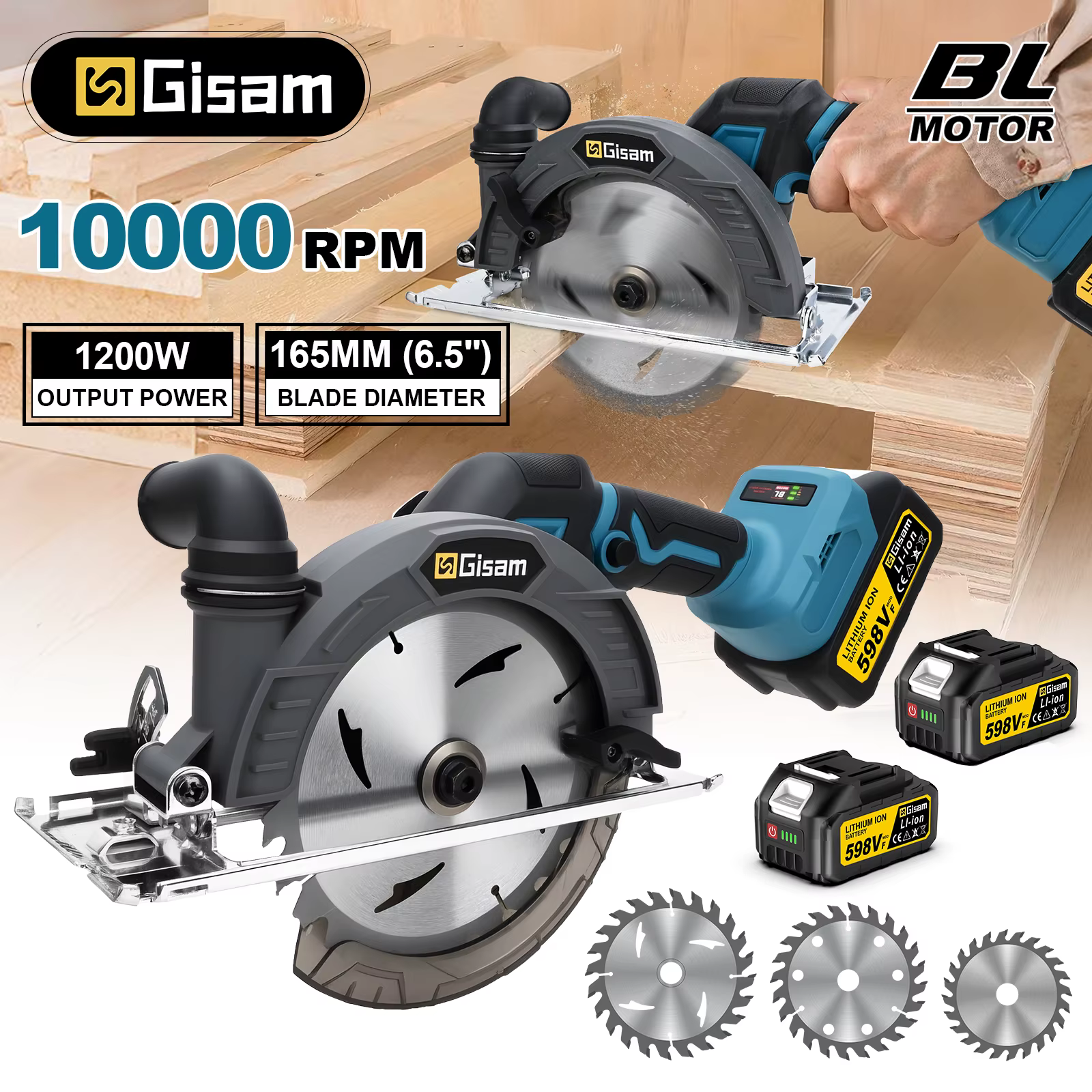 Scie circulaire électrique sans fil Gisam 165 mm 10000 tr/min