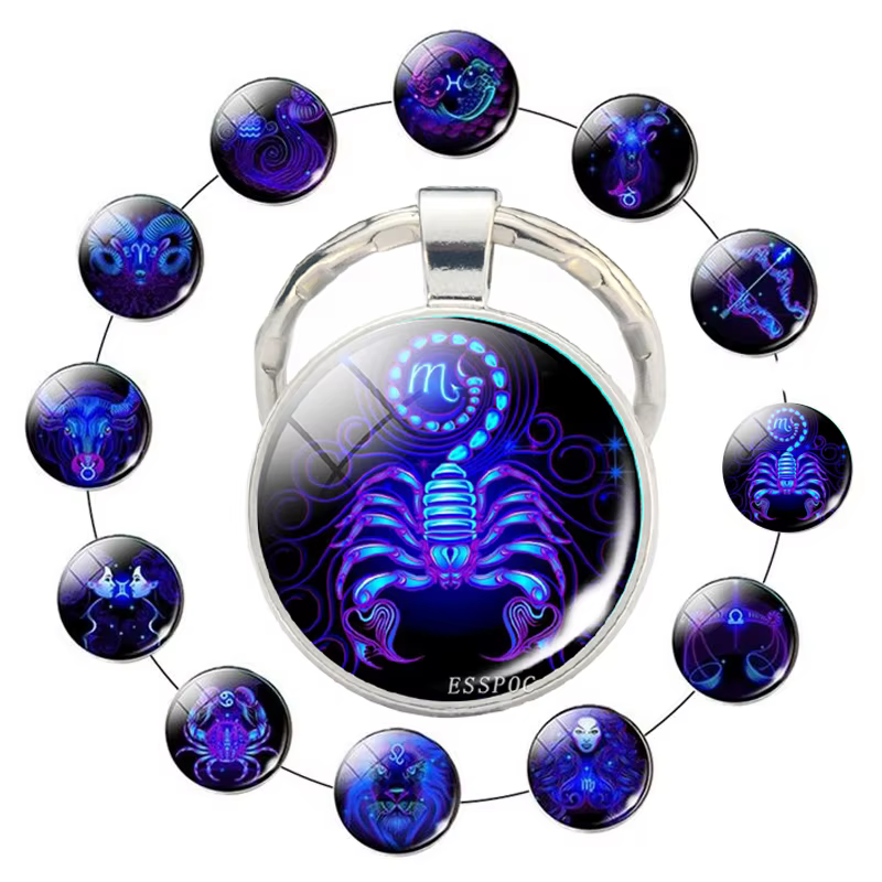 12 signes du zodiaque Scorpion Lion verre métal porte-clés femmes hommes Couples porte-clés voiture porte-clés anneaux mode astrologie cadeaux