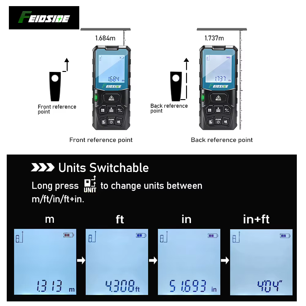 FEIDSIDE Télémètre laser multifonctionnel à lumière rouge 50M & 120M avec grand écran LCD