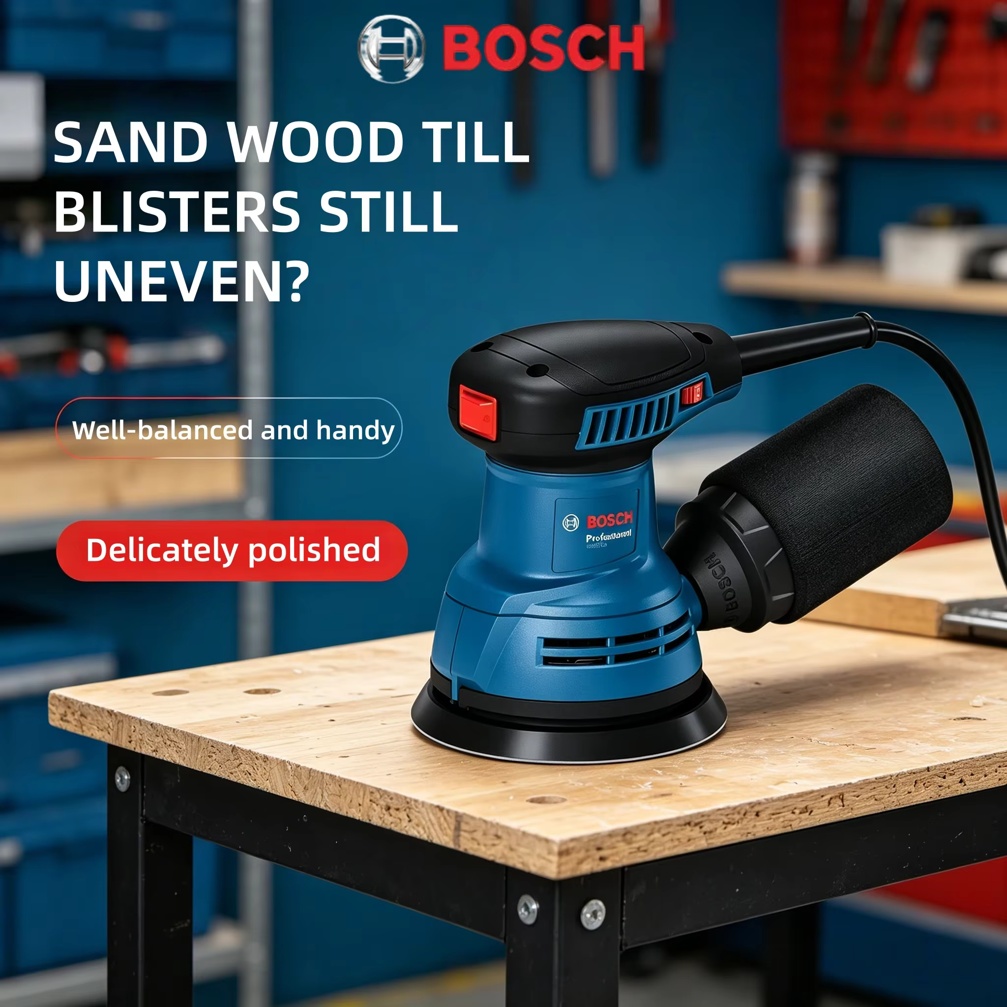 Ponceuse orbitale aléatoire Bosch GEX125 avec système de collecte des poussières intégré pour la rénovation de meubles en bois et le lissage des surfaces de placards