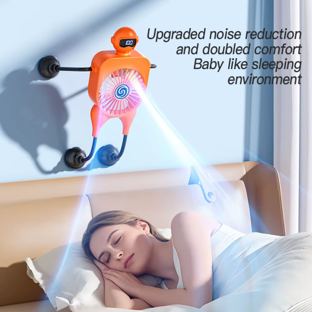 Ventilateur de bureau portable robotisé avec ventouse fixe, réglage 100 vitesses, affichage LED, chargement USB, ventilateur de refroidissement multifonctionnel, cadeaux