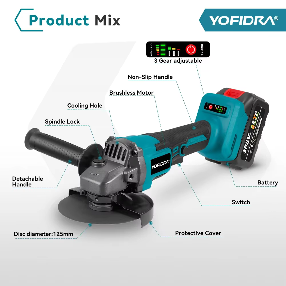 YOFIDRA 125mm meuleuse d'angle sans brosse 3 vitesses rectifieuse sans fil coupe outil de travail du bois adapté pour Makita 18V batterie broche