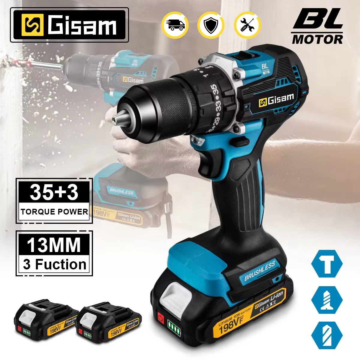 Gami 65N.m 13MM 35 + 3 couple perceuse à percussion électrique sans brosse tournevis