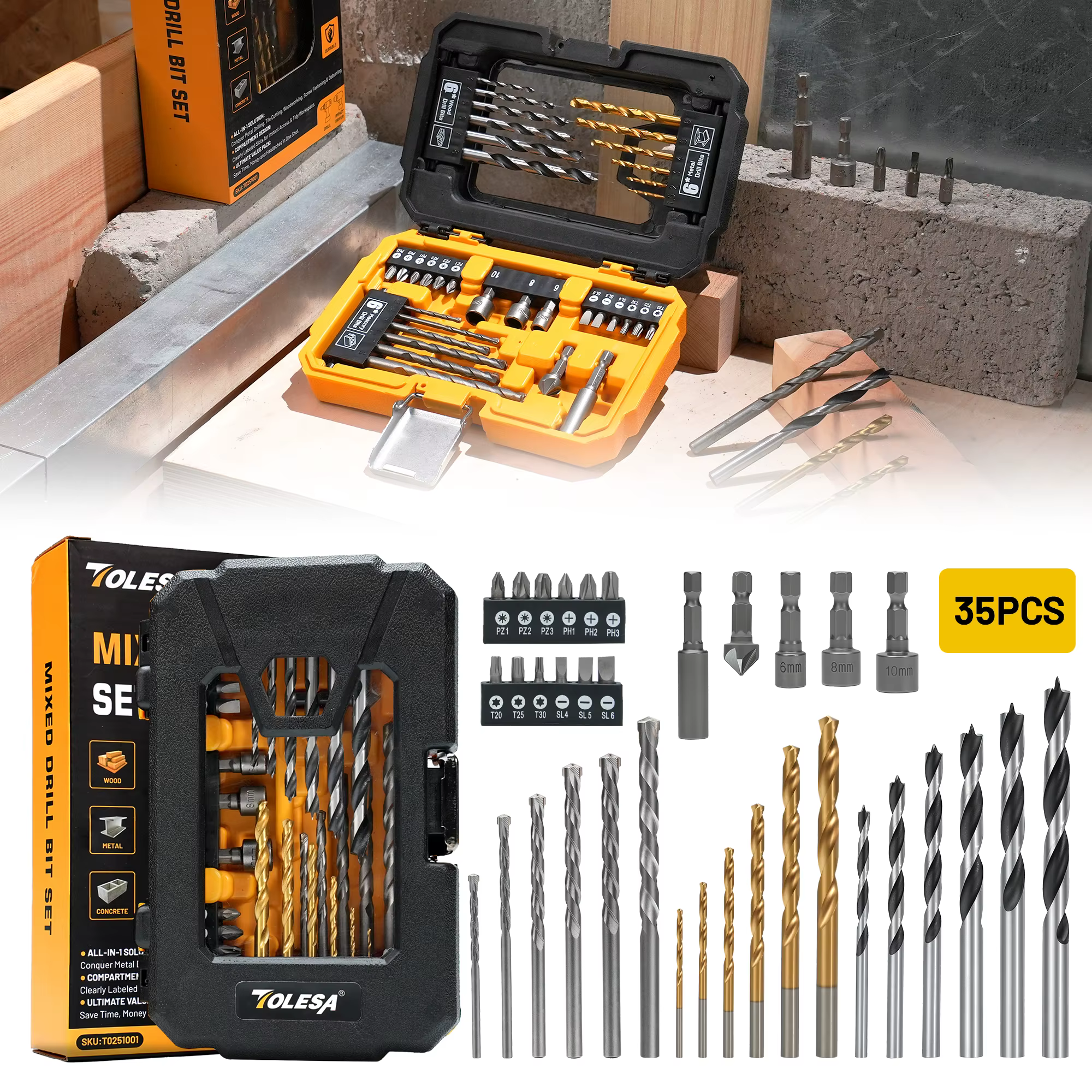 TOLESA 35 pièces perceuse et tournevis multi-embouts ensemble de forets avec mallette de rangement jeu