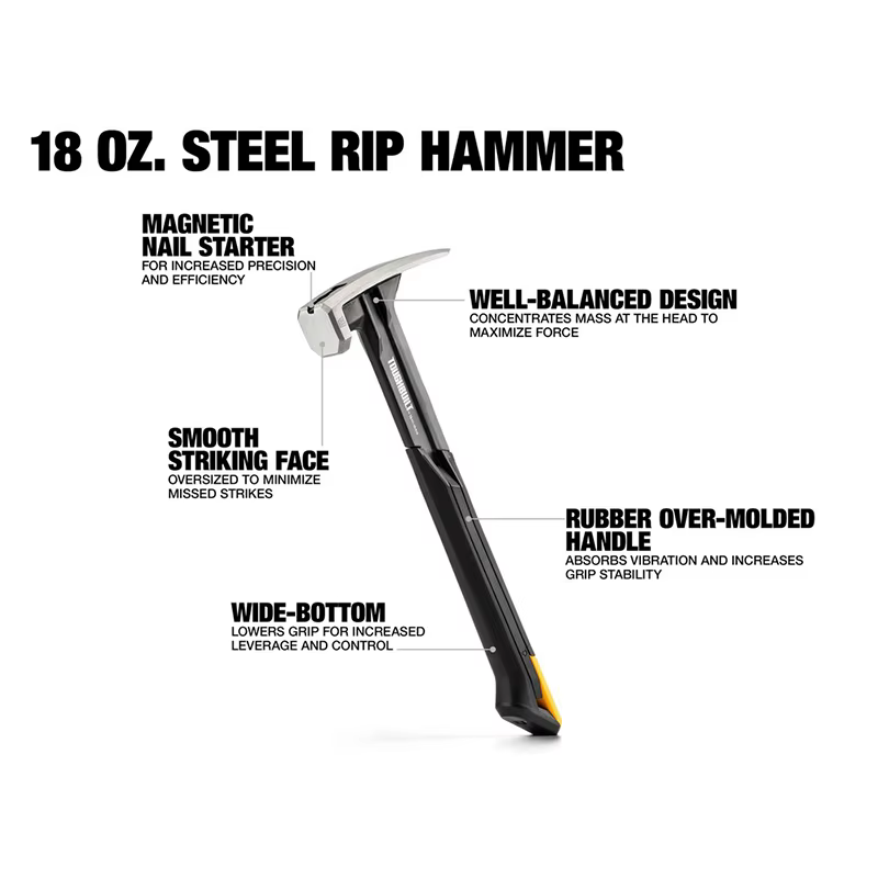 Marteau à déchirer en acier TOUGHBUILT TB-H1-1R-S16 TB-H1-1R-S18 16 OZ. 18 OZ. Outils à main à visage lisse